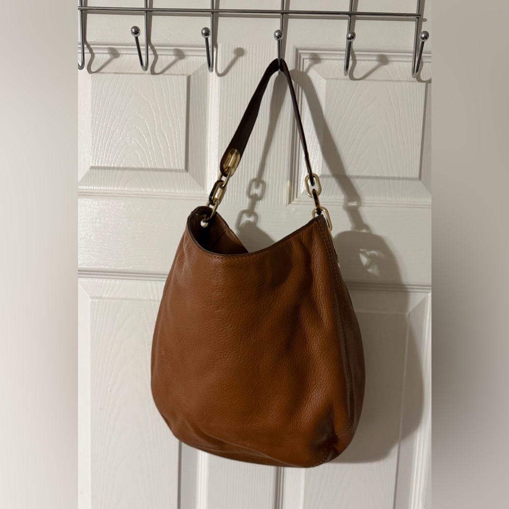 Michael Kors Cognac Leather Shoulder Bag with Gold MK Charm - Picture 3 of 10